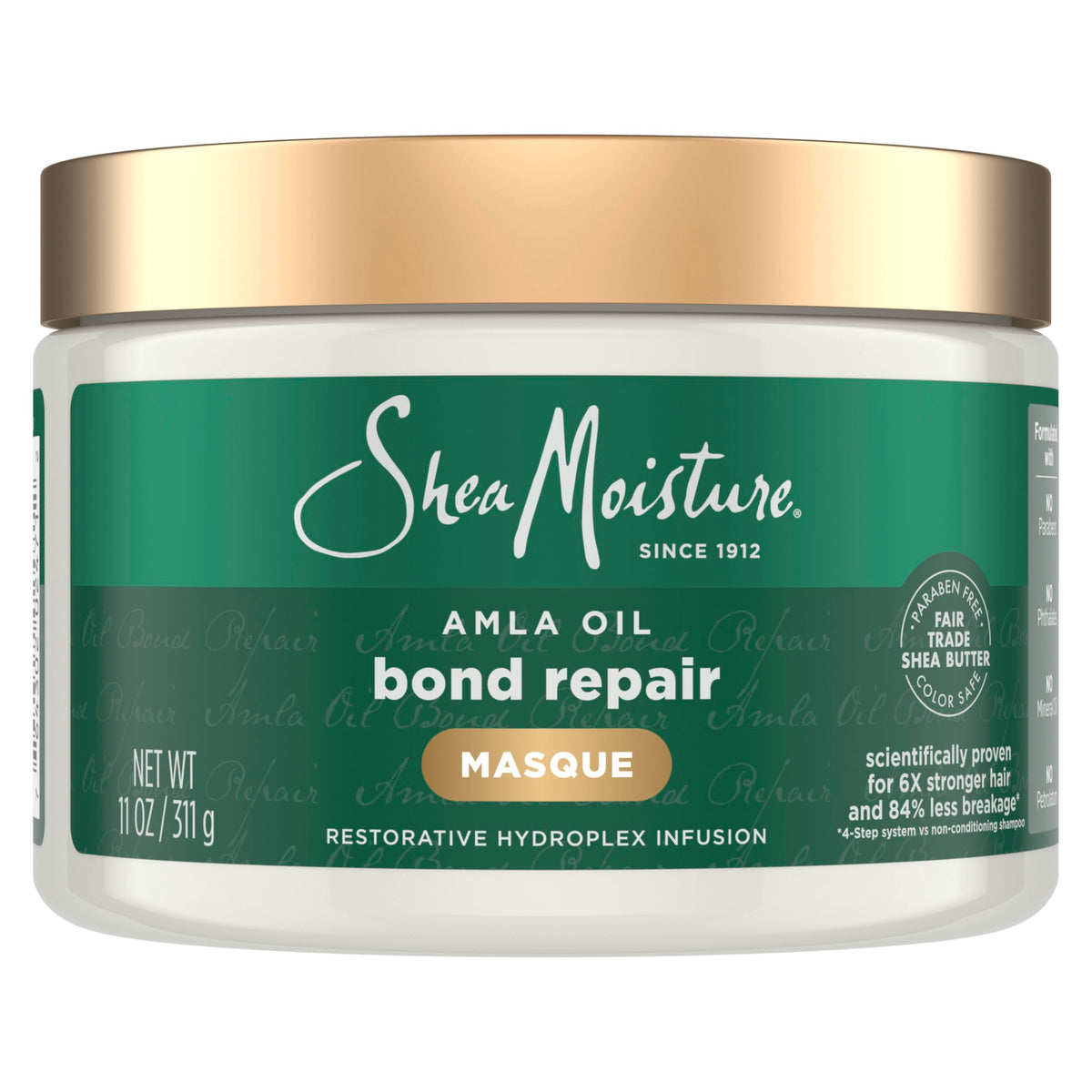SheaMoisture Bond Repair Masque bottle demonstrates deep hydration for stronger, less-breakage hair.