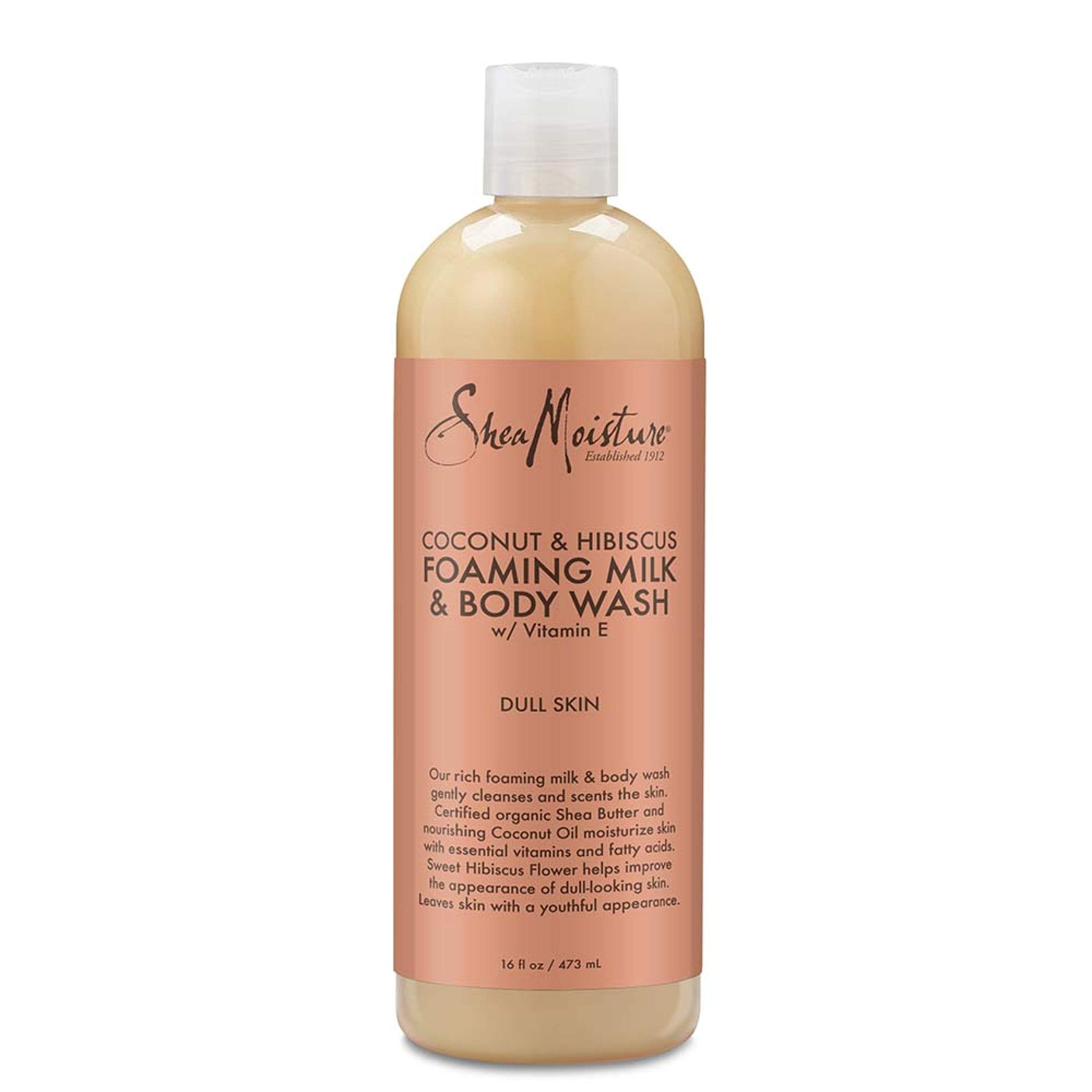 SheaMoisture Coconut & Hibiscus foaming milk bottle front – hydrating body wash for dry skin
