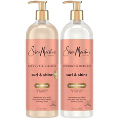 SheaMoisture Coconut & Hibiscus shampoo bottle with pump for frizz control on curls.