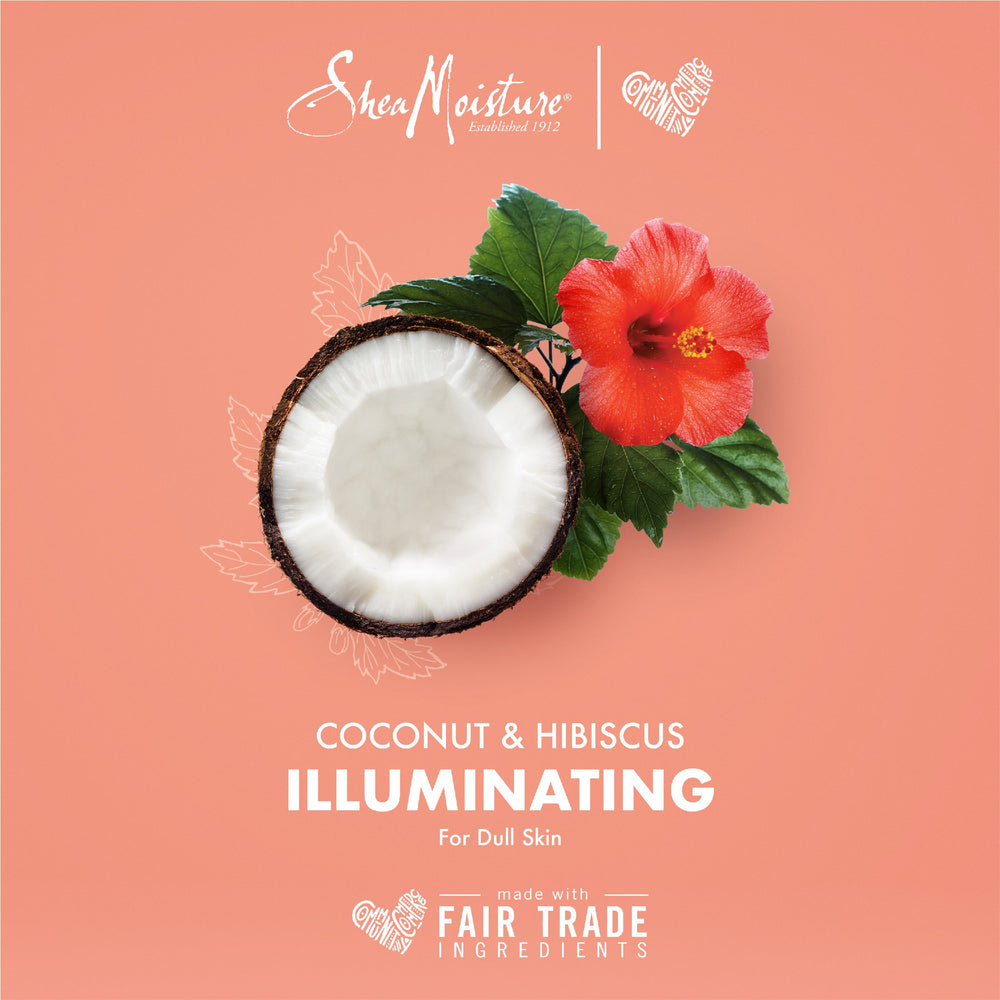 SheaMoisture Coconut & Hibiscus formula with shea butter and hibiscus close-up.