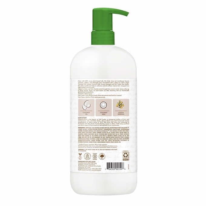 SheaMoisture Coconut Oil Moisture Boosting Conditioner bottle back label highlights unisex dry hair benefits.
