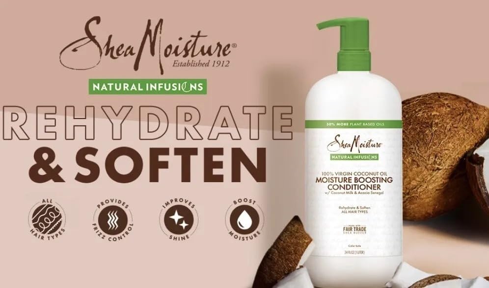 SheaMoisture Coconut Oil Moisture Boosting Conditioner bottle in a home hair-care routine.