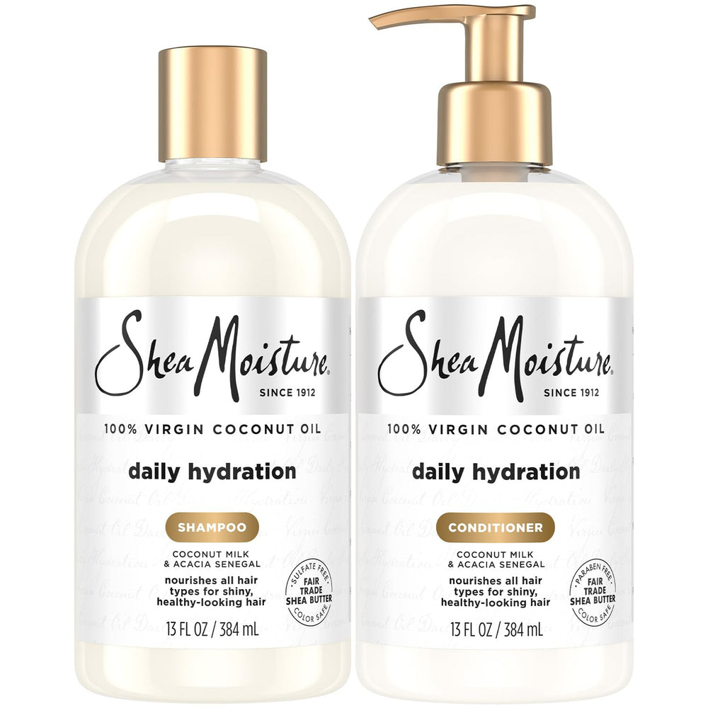 SheaMoisture Daily Hydration shampoo bottle highlights coconut scent for nourished hair.