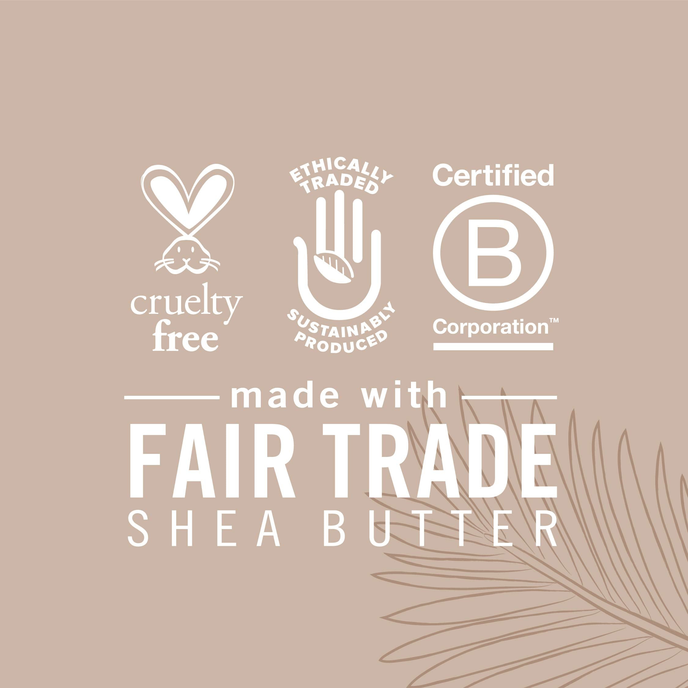 SheaMoisture ethically traded ingredients badge highlights sustainable production.
