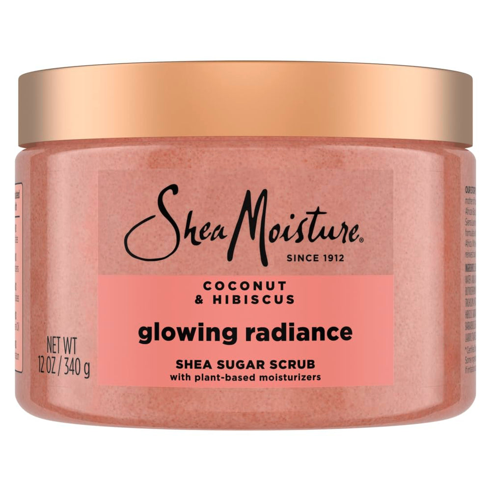 SheaMoisture Glowing Radiance scrub jar shows creamy exfoliation for smoother skin