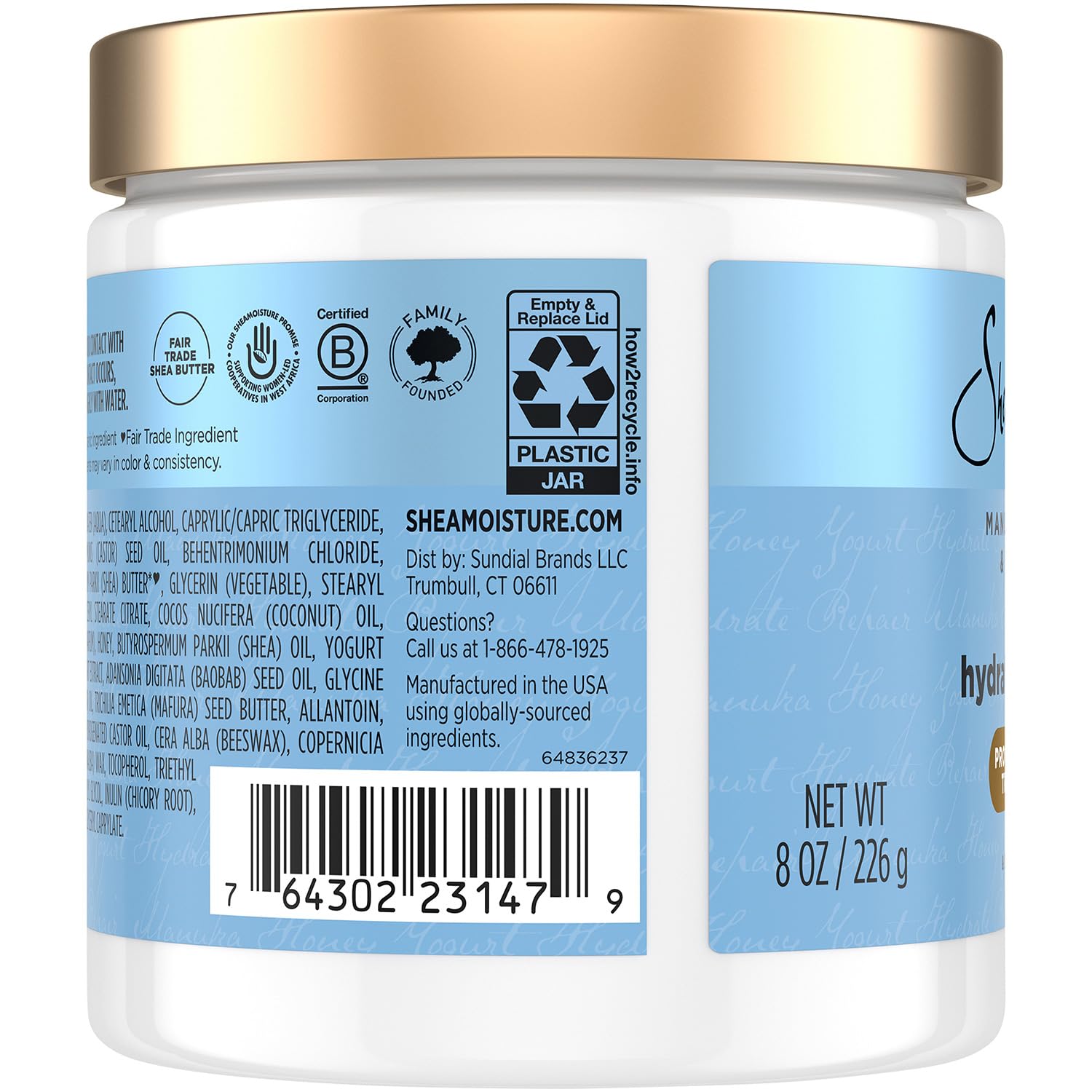 Sheamoisture Hair Mask 2-Pack bottle closeup highlights Manuka honey yogurt formula.