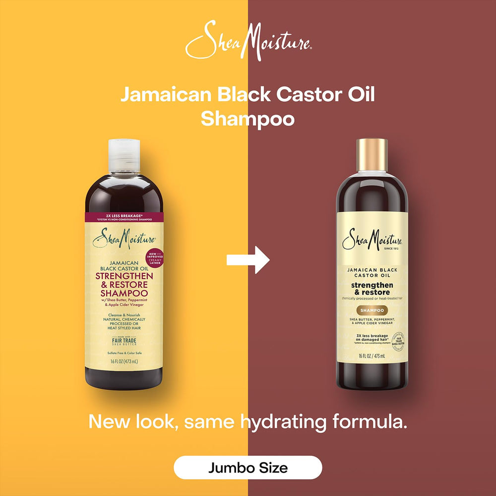 SheaMoisture Jamaican Black Castor Oil clarifying shampoo aloe vera peppermint label highlights cooling scalp soothing.