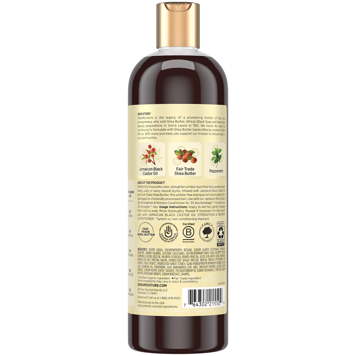 SheaMoisture Jamaican Black Castor Oil clarifying shampoo packaging box highlights sulfate-free, purifying cleansing.