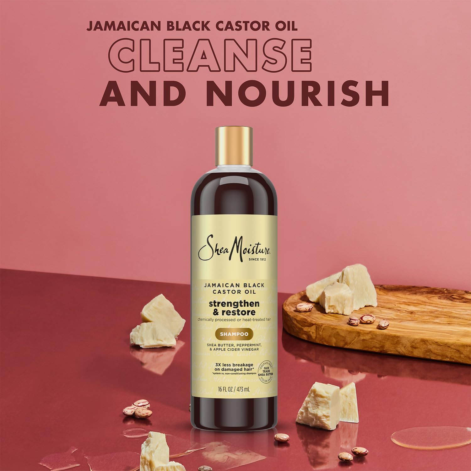 SheaMoisture Jamaican Black Castor Oil clarifying shampoo pour on hand demonstrates ready-to-use formula.