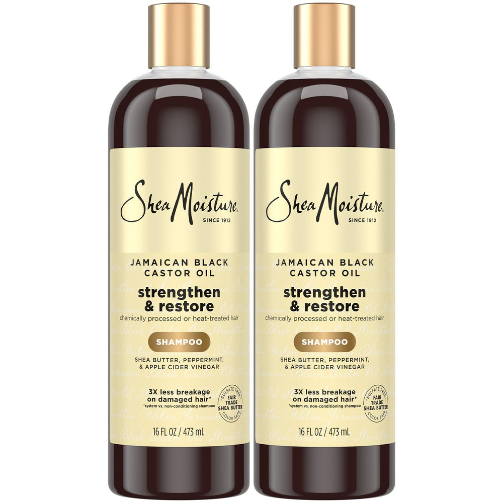 SheaMoisture Jamaican Black Castor Oil clarifying shampoo two-pack bottles cleanse while restoring moisture.