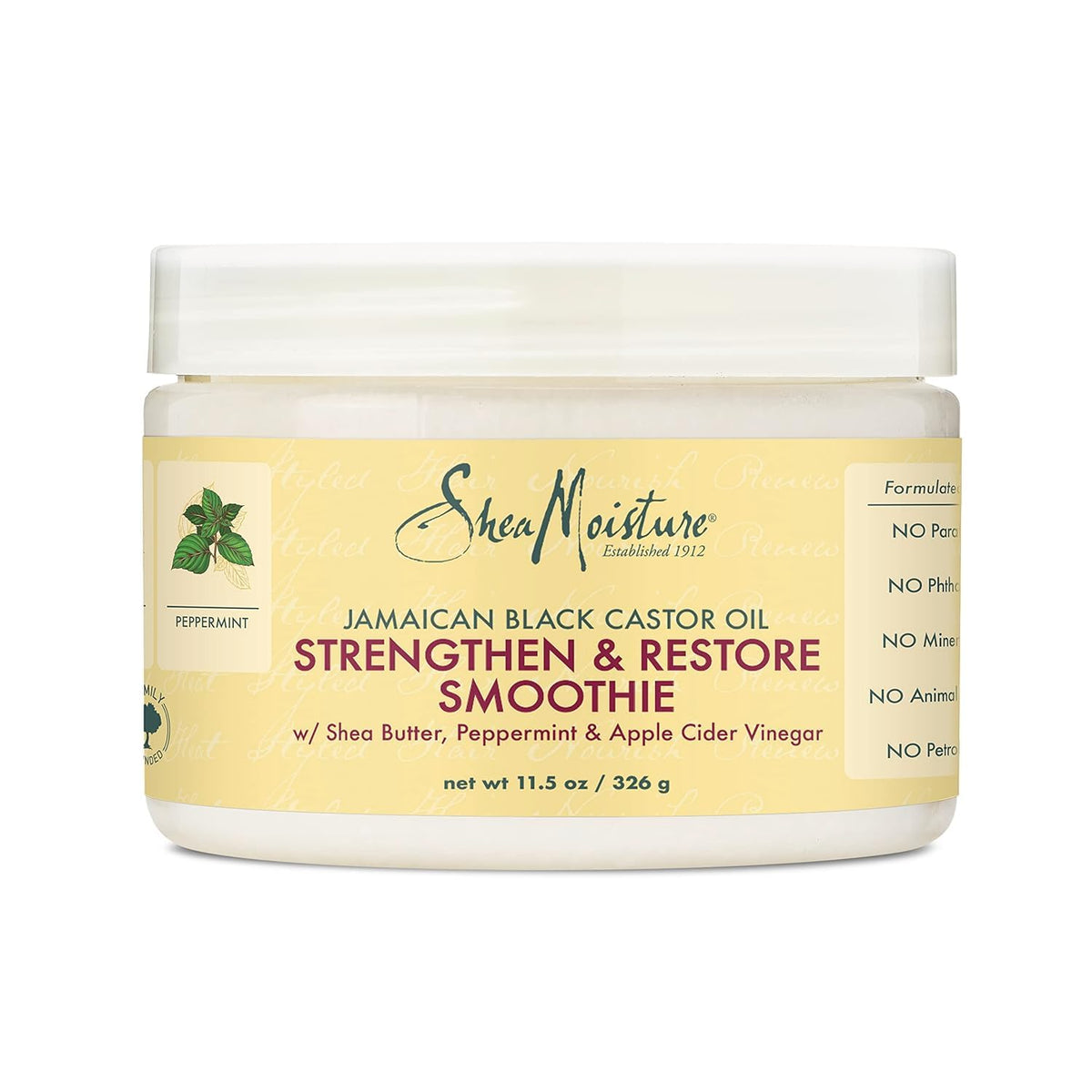 SheaMoisture Jamaican Black Castor Oil Strengthen & Restore Smoothie Cream jar shows curl-definition-ready texture