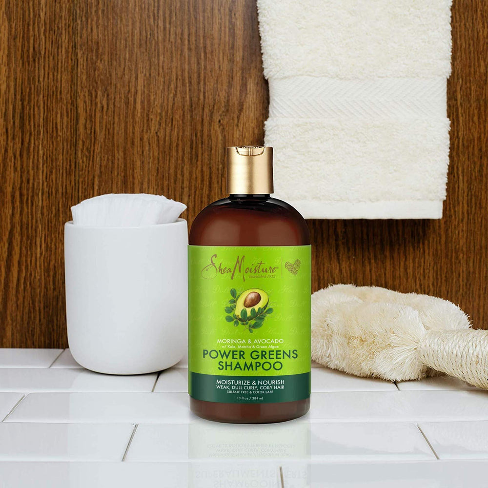 Herbal blend image highlighting moringa and avocado in Power Greens formula.