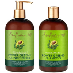 SheaMoisture Power Greens shampoo bottle offers a moisturizing cleanse for natural curls.