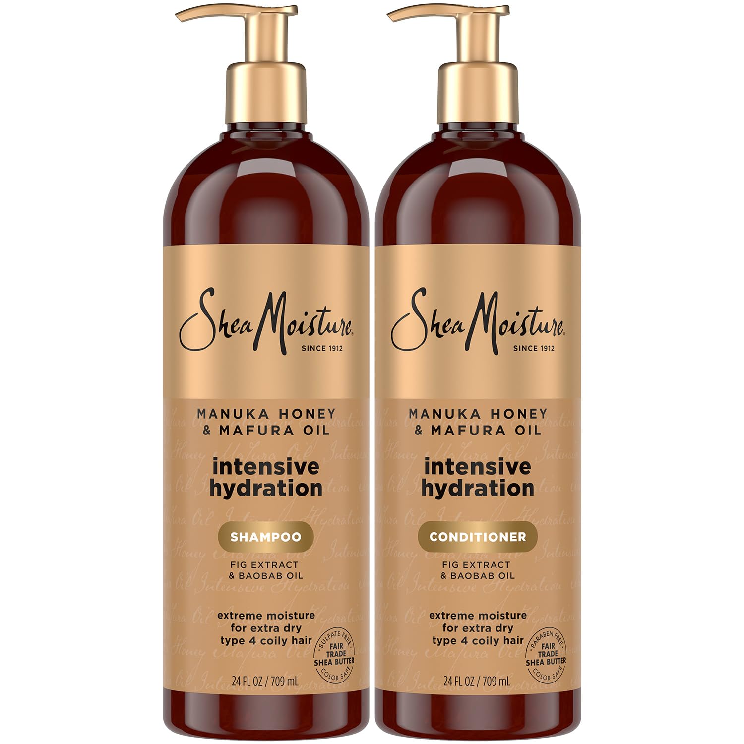 SheaMoisture shampoo and conditioner set bottles closeup showing intense moisture.