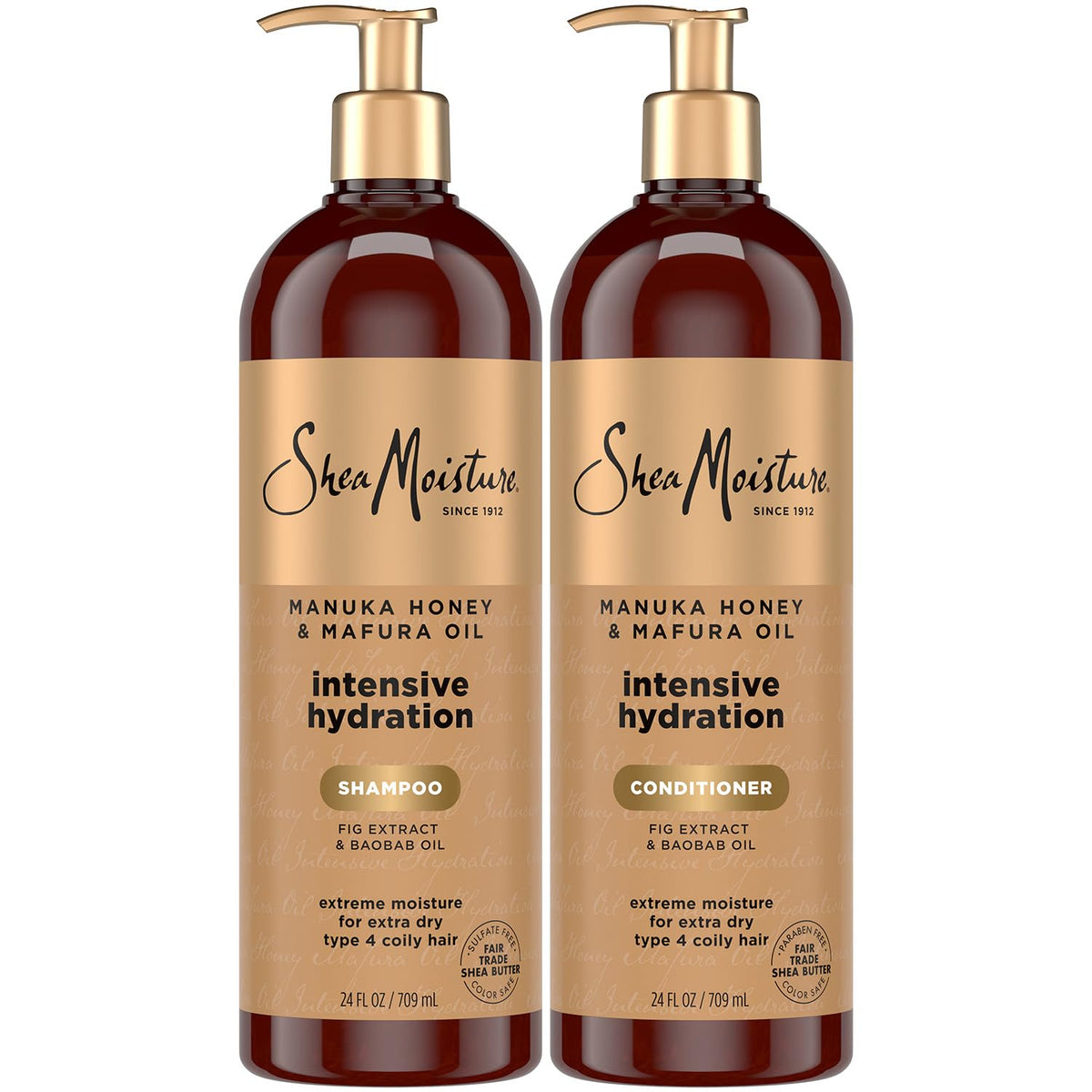 SheaMoisture shampoo and conditioner set bottles closeup showing intense moisture.