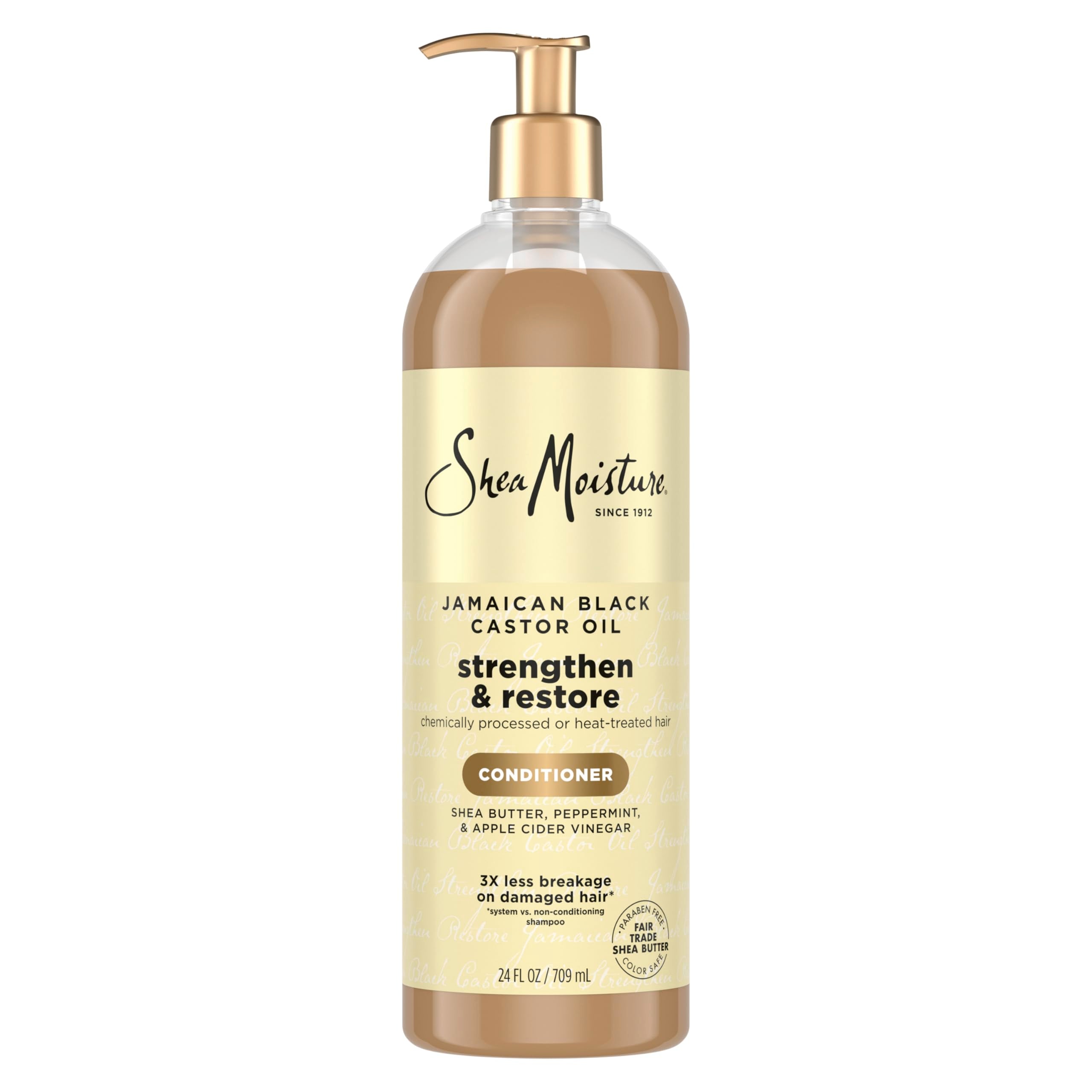 SheaMoisture Strengthen & Restore Conditioner bottle shows paraben-free formula for damaged hair
