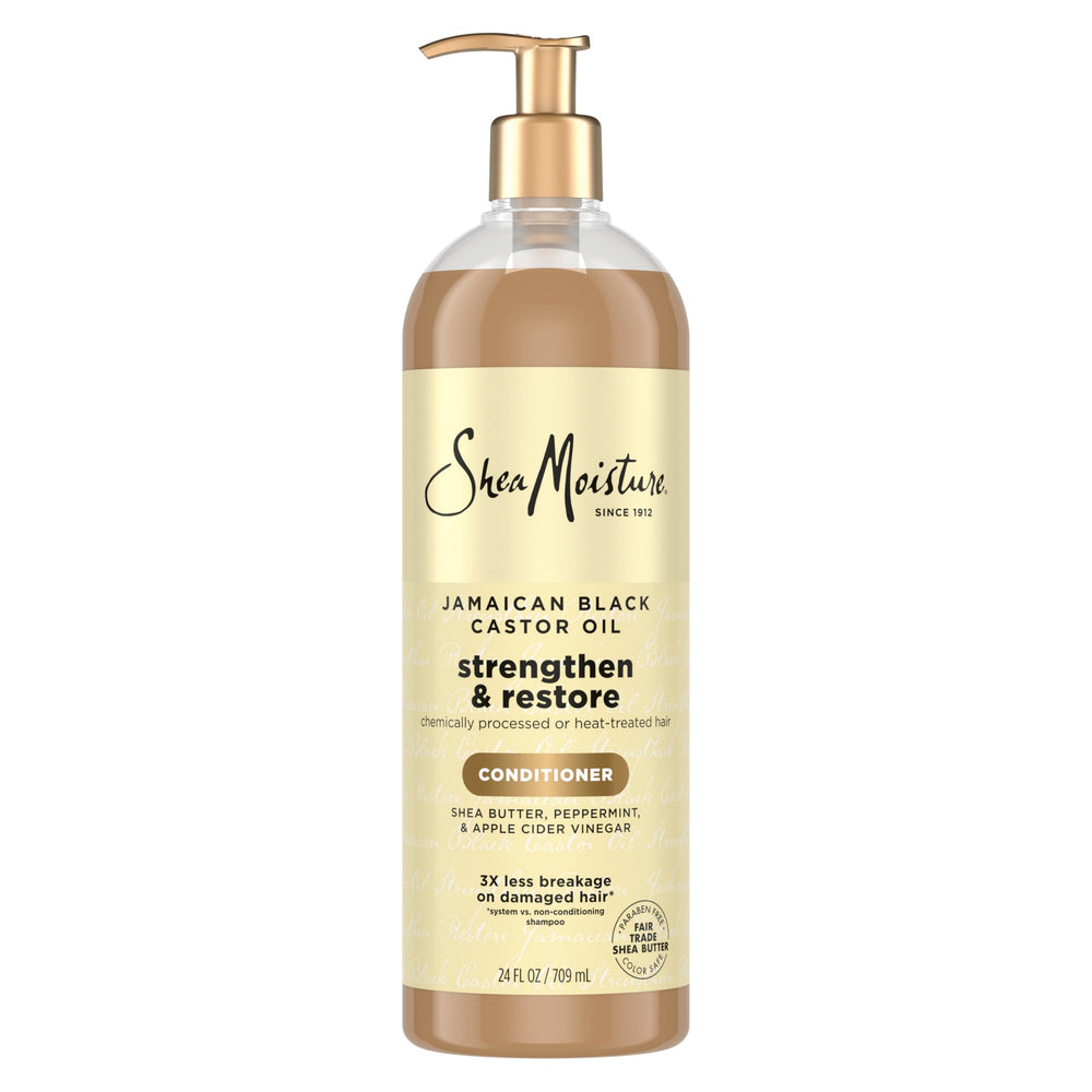 SheaMoisture Strengthen & Restore Conditioner bottle shows paraben-free formula for damaged hair