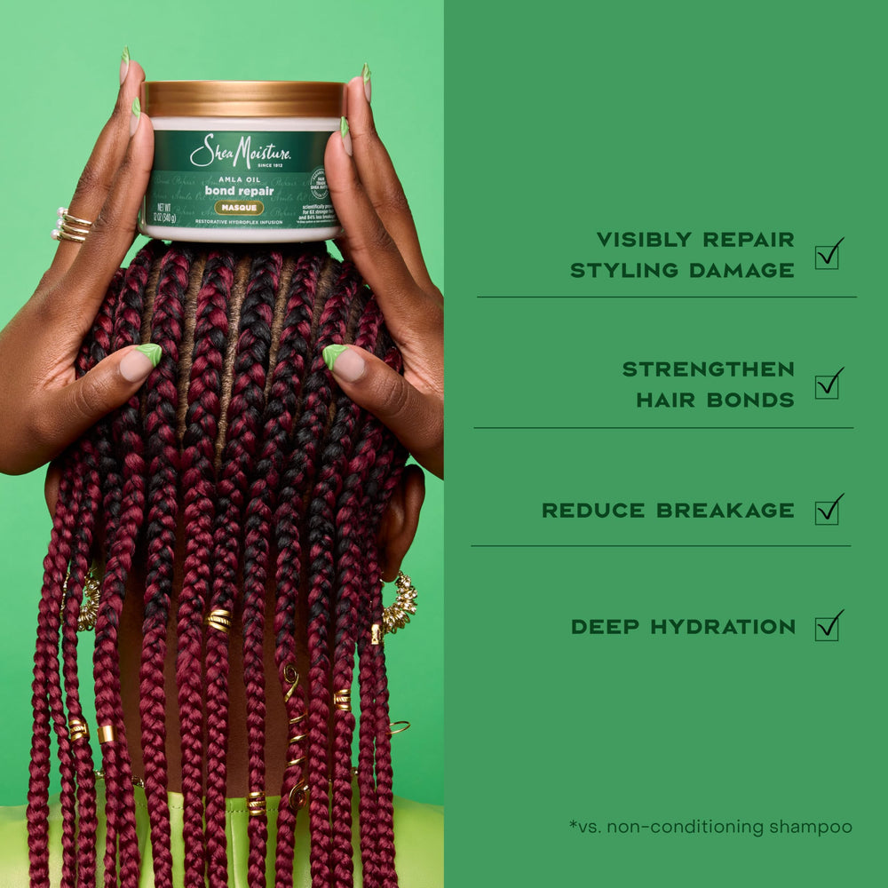 SheaMoisture Stronger hair after treatment imagery conveys visible repair and strengthened texture.