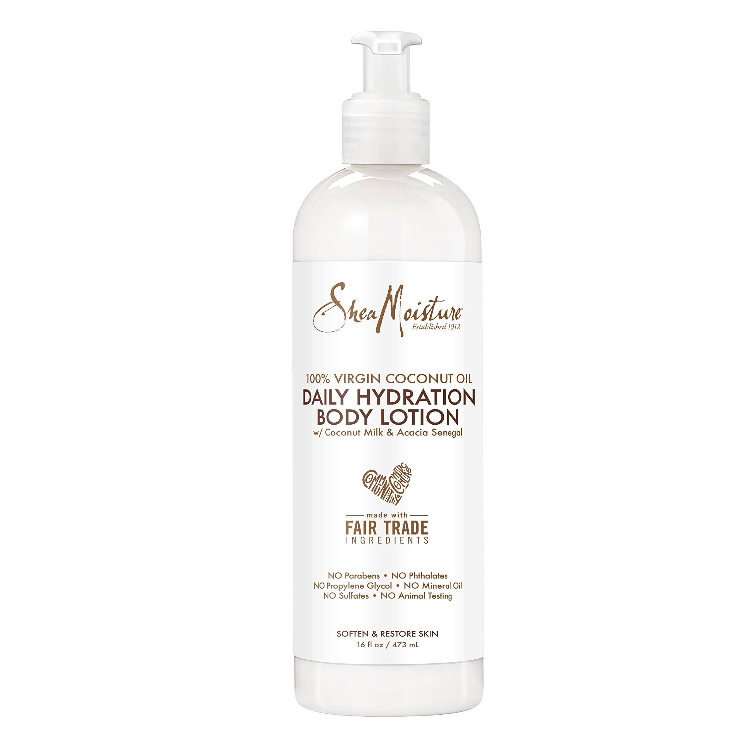 SheaMoisture Virgin Coconut Oil Daily Hydration Lotion bottle showing smooth skin