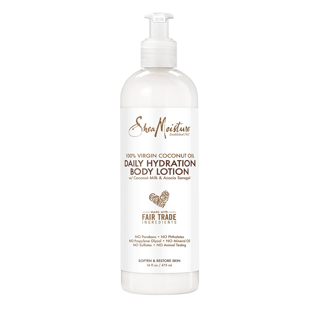 SheaMoisture Virgin Coconut Oil Daily Hydration Lotion bottle showing smooth skin