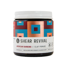 Shear Revival American Gardens clay pomade jar showing matte hold