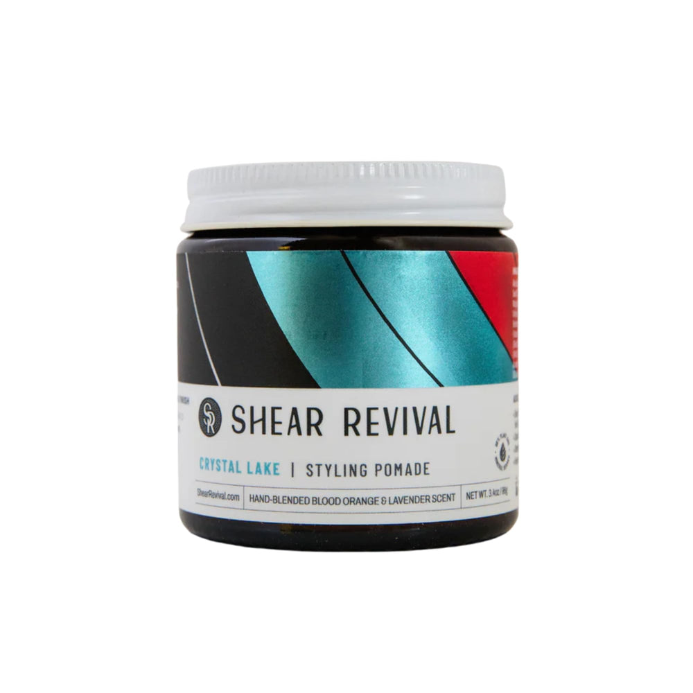 Shear Revival Crystal Lake pomade jar closeup showing natural finish for all hair types