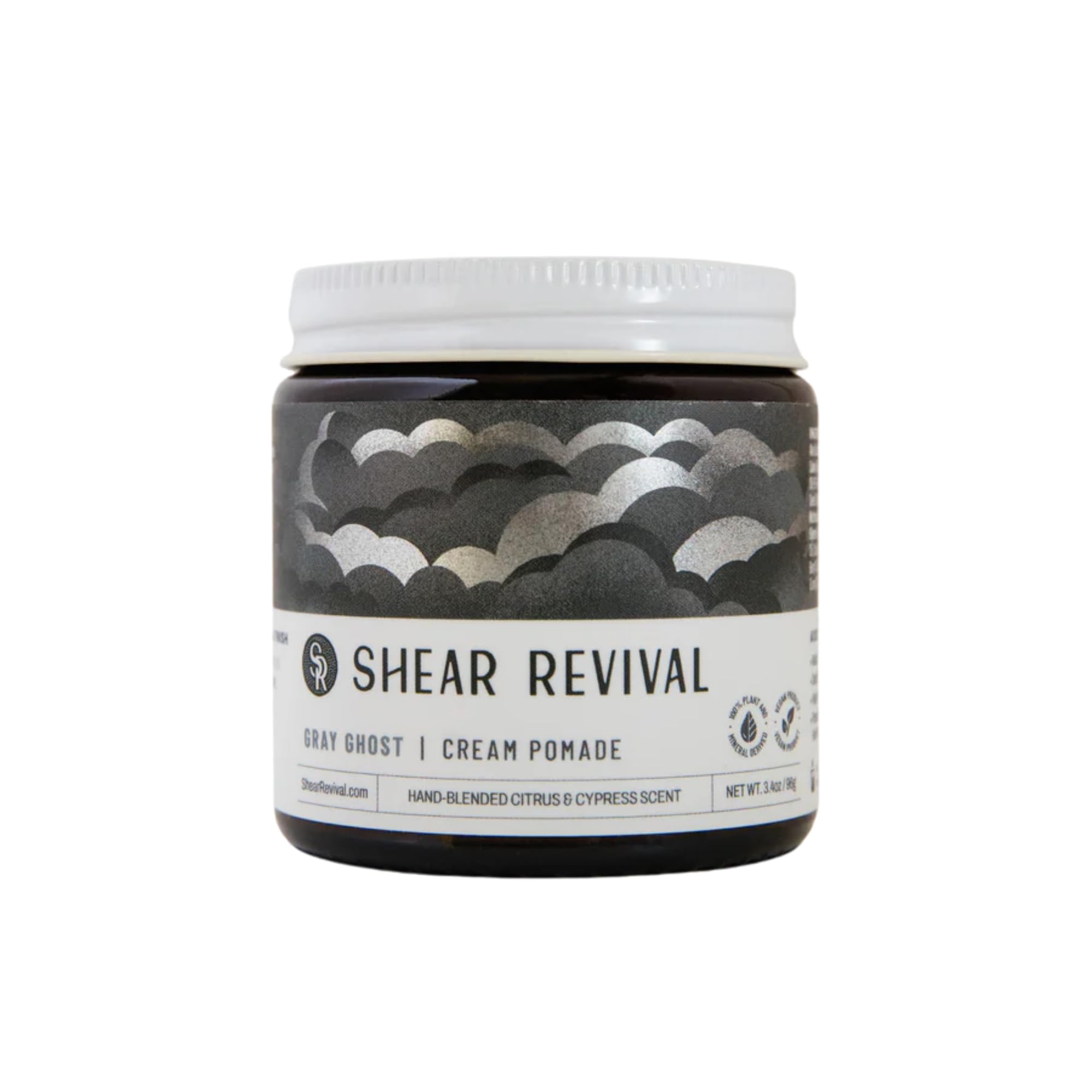 Shear Revival Gray Ghost Cream Pomade packaging in amber jar for clean, vegan styling