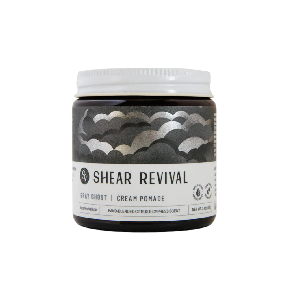 Shear Revival Gray Ghost Cream Pomade packaging in amber jar for clean, vegan styling