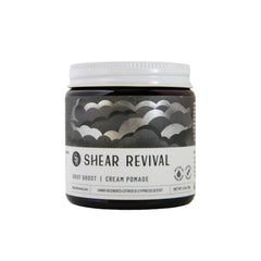 Shear Revival Gray Ghost Cream Pomade packaging in amber jar for clean, vegan styling