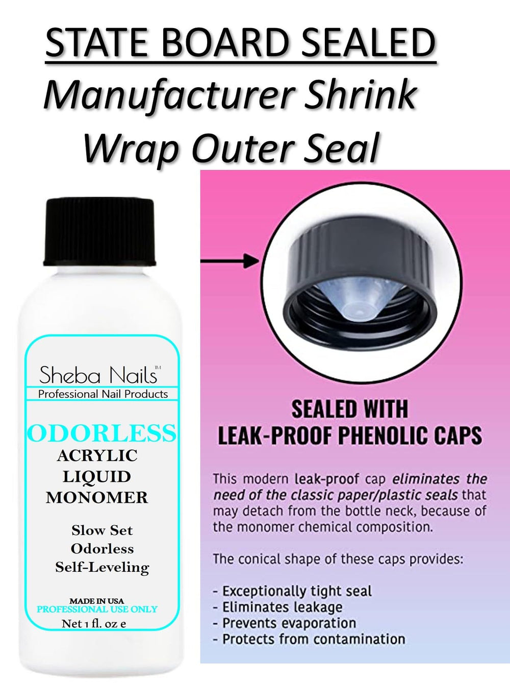 Sheba Nails odorless kit contents display self-leveling system and monomer powder.