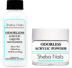 Sheba Nails odorless liquid bottle shows odor-free, MMA-free formula for salons.