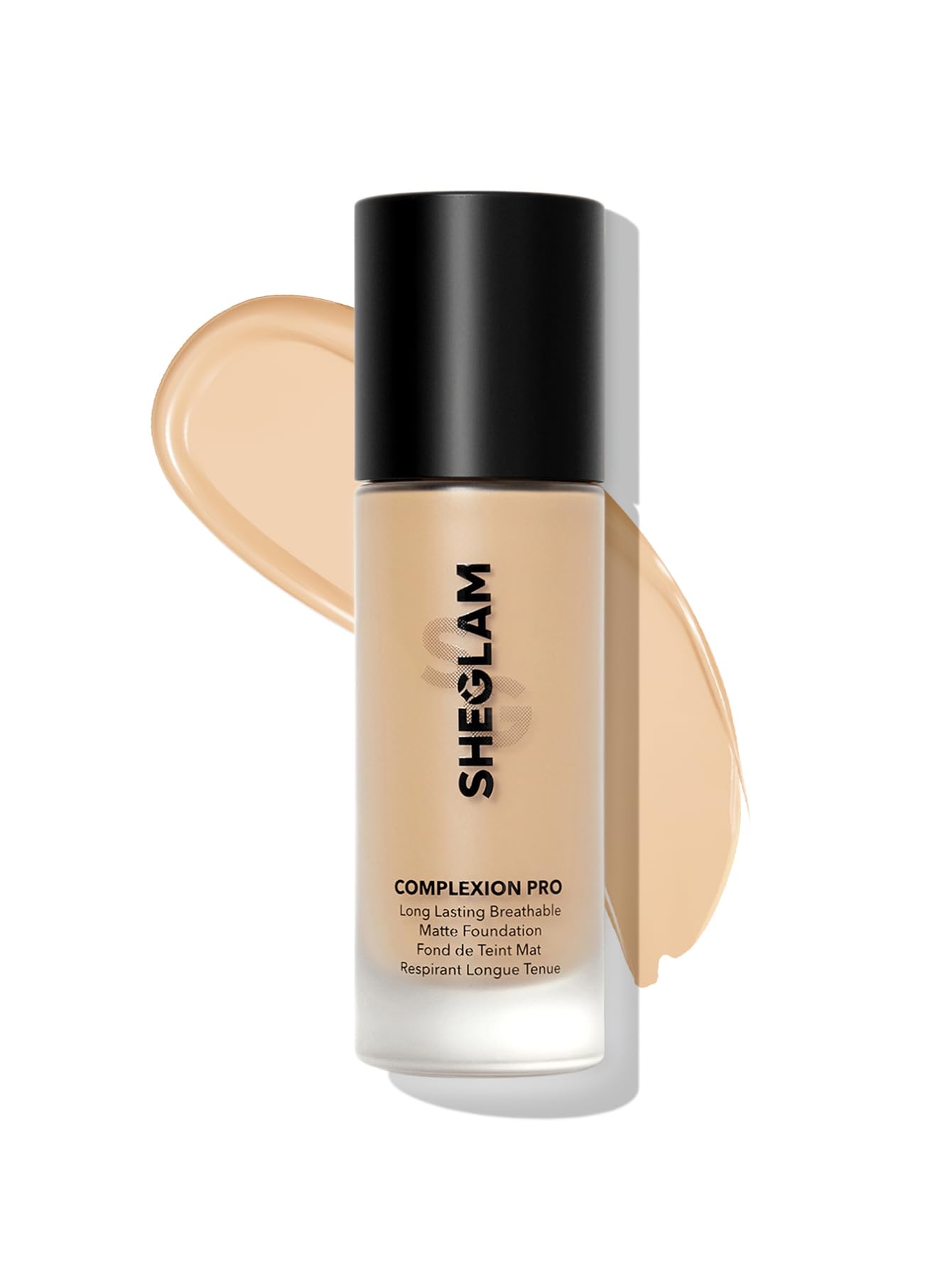 SHEGLAM full coverage foundation bottle closeup highlights long wear and waterproof formula.