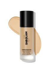 SHEGLAM Full Coverage Foundation Sand bottle closeup showing sleek packaging and long-wear potential.