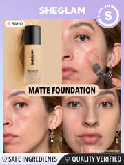SHEGLAM foundation Sand swatch on skin demonstrates even tone and buildable coverage.