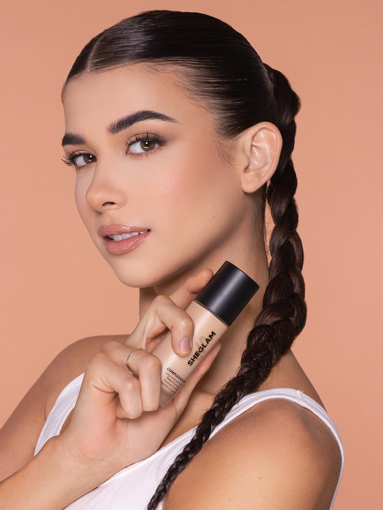 SHEGLAM matte-dewy finish closeup suggests versatile look for day or night.