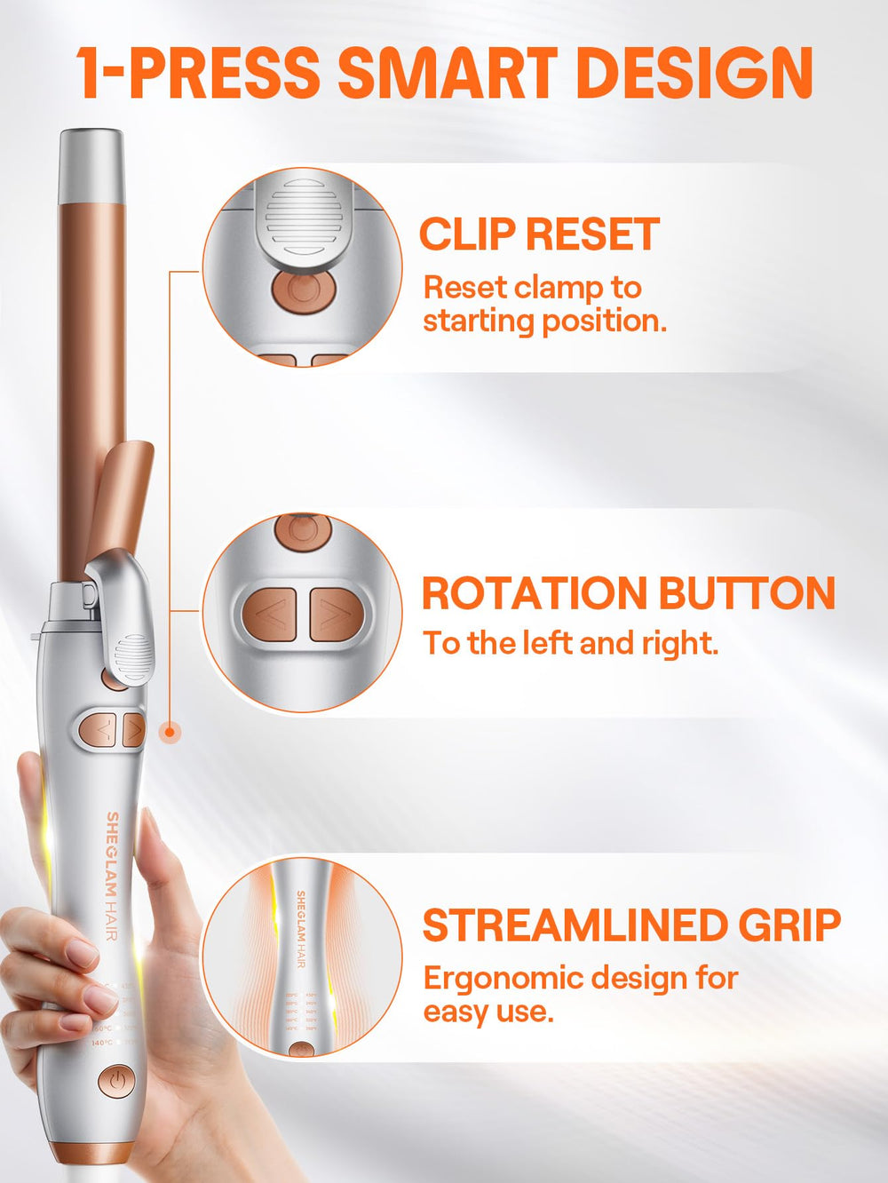 SHEGLAM rotating curling iron dual voltage for travel versatility.