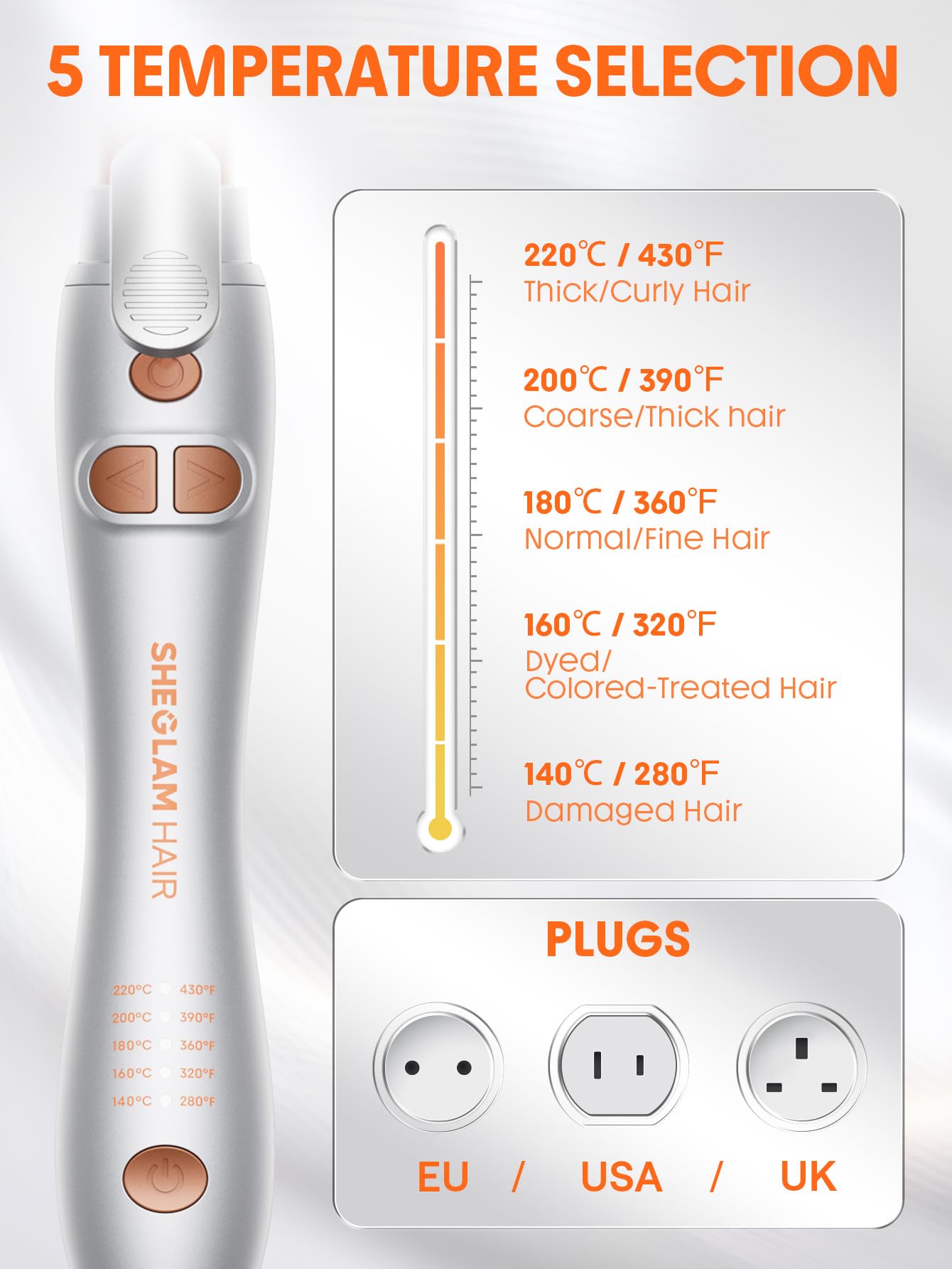SHEGLAM rotating curling iron ergonomic grip for comfortable handling.
