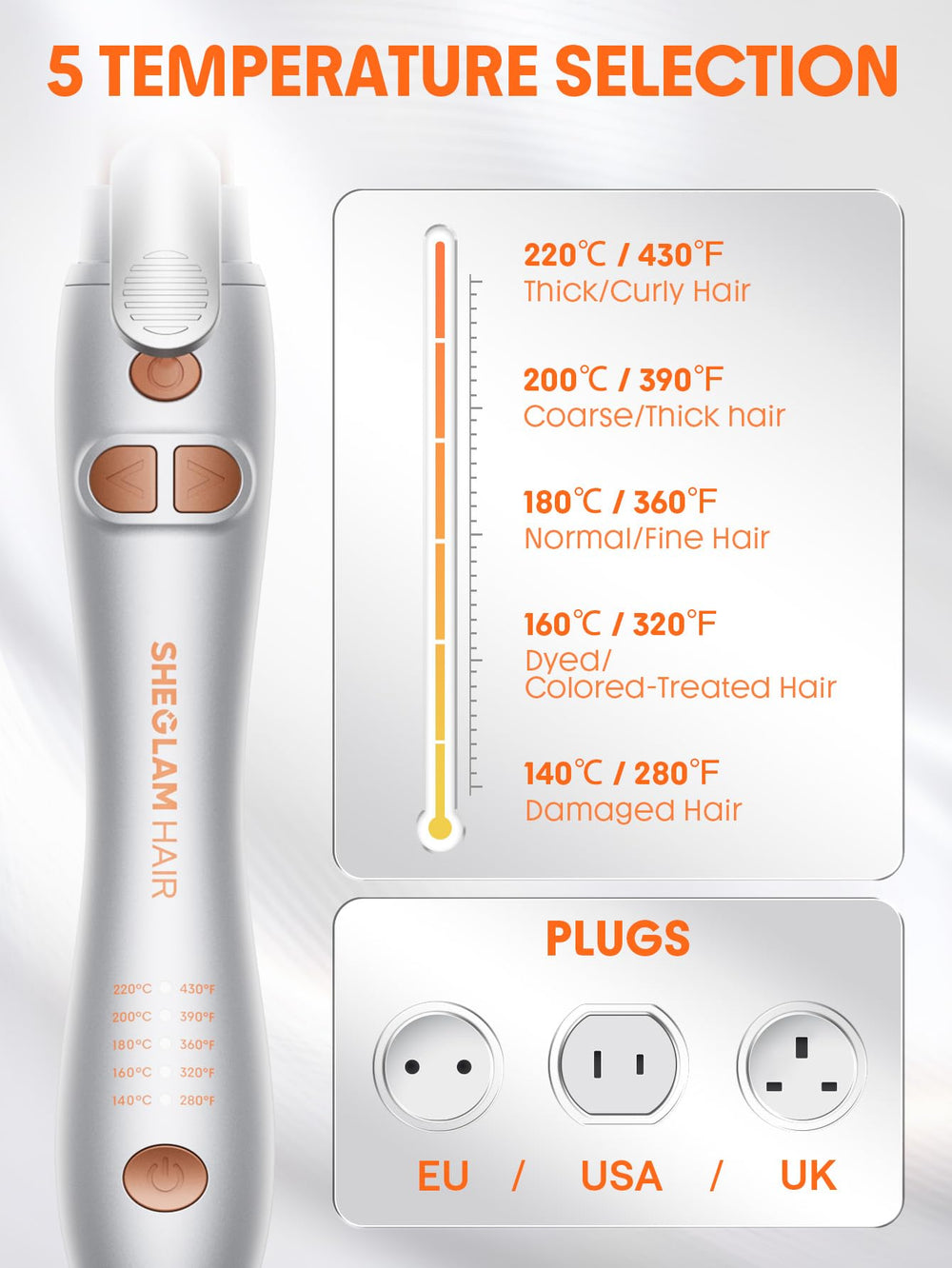 SHEGLAM rotating curling iron ergonomic grip for comfortable handling.