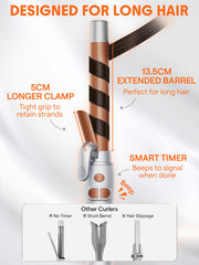 SHEGLAM rotating curling iron with 5.3-inch barrel for long hair.