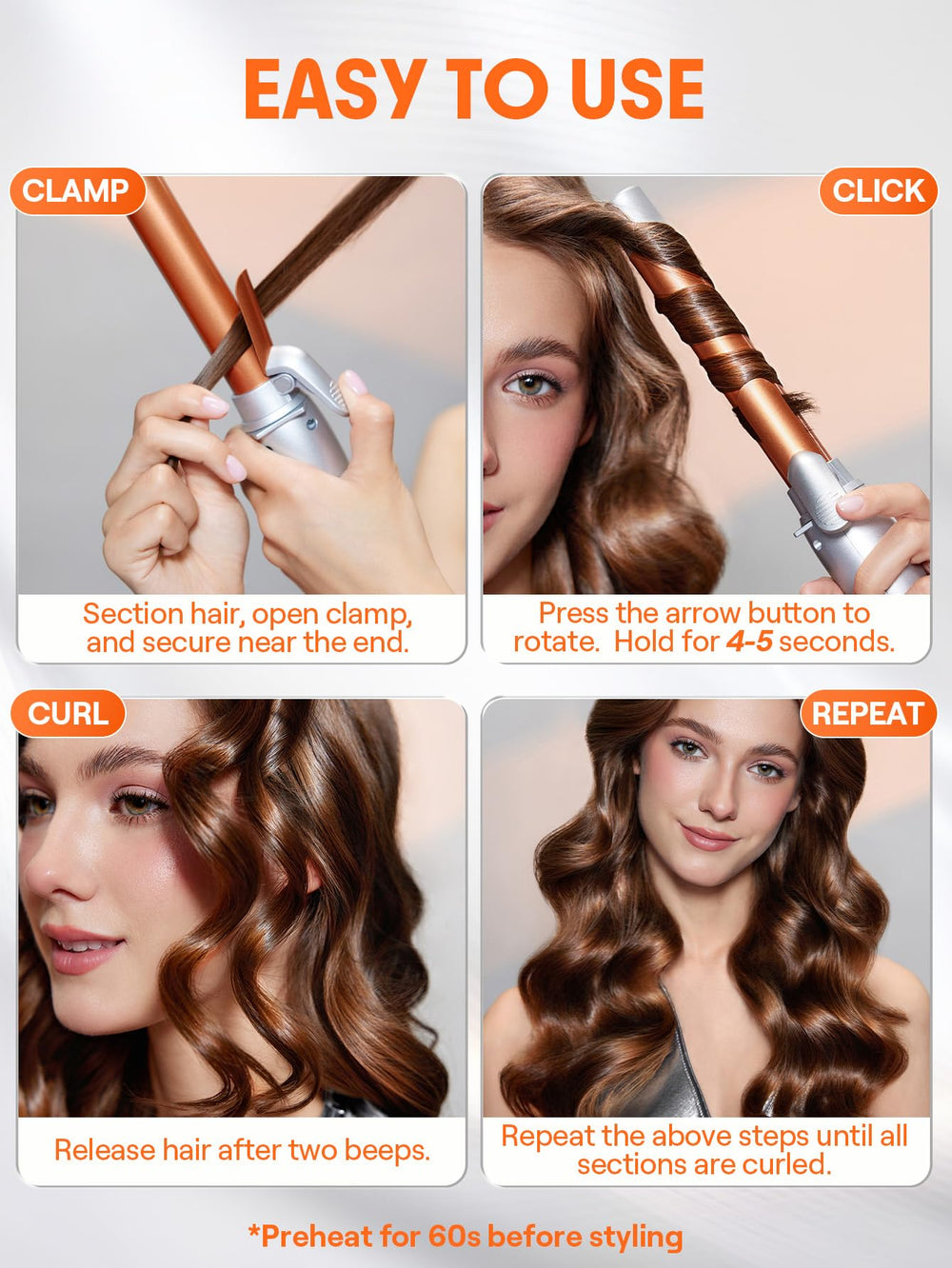 SHEGLAM rotating curling iron home button release reduces snagging.