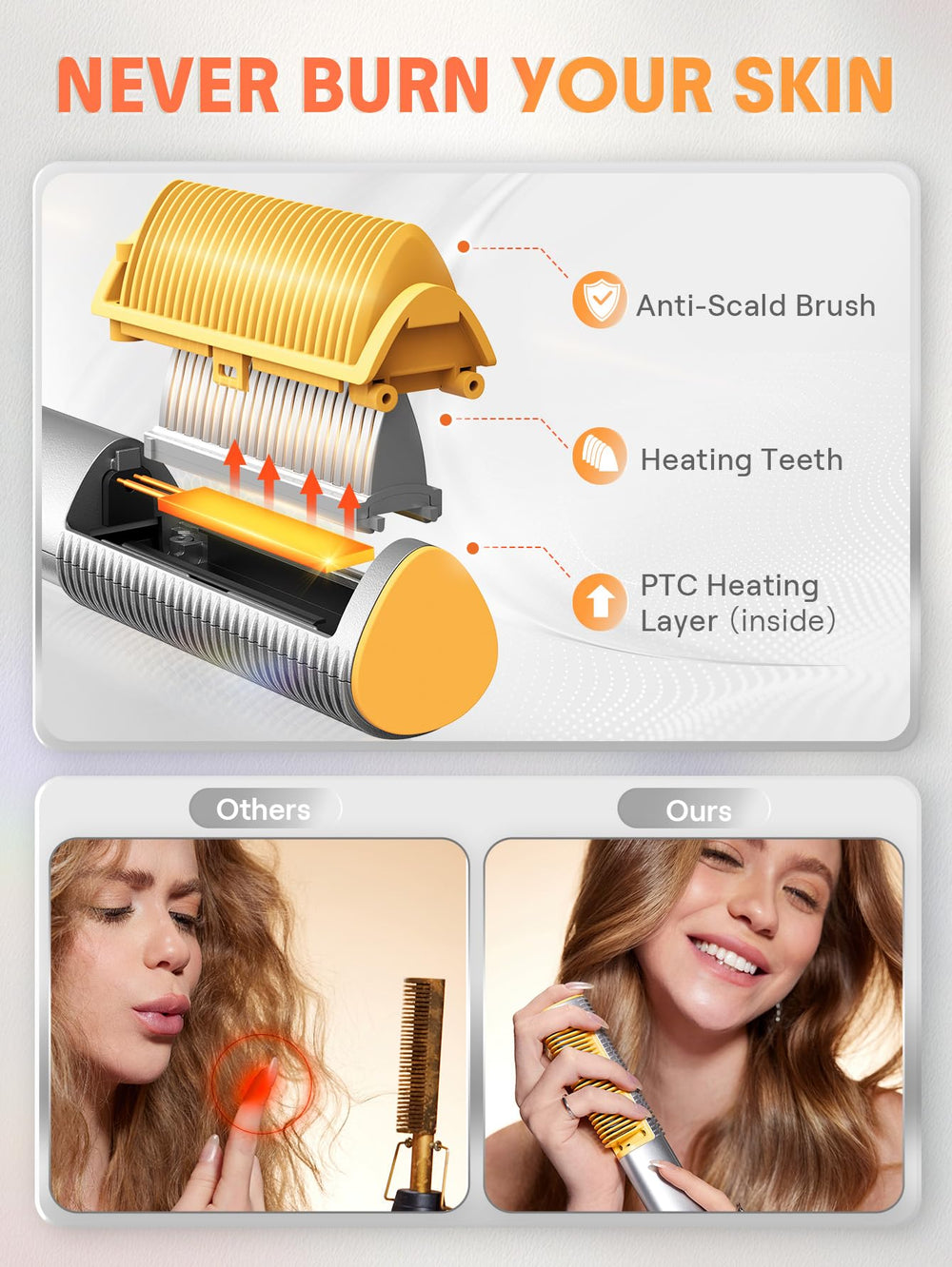 SHEGLAM Straightener Brush 3D anti-scald design keeps scalp safe.