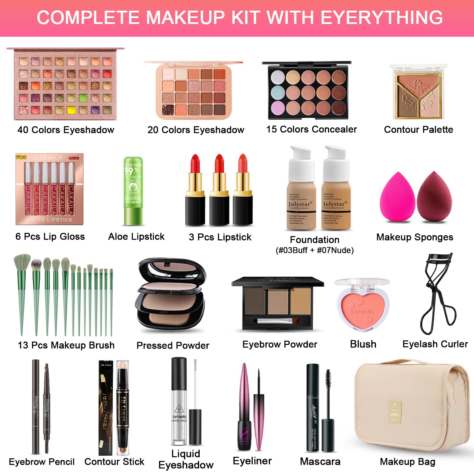 SHELAKIN all-in-one makeup kit portable eyeshadow palette for on-the-go touch-ups.