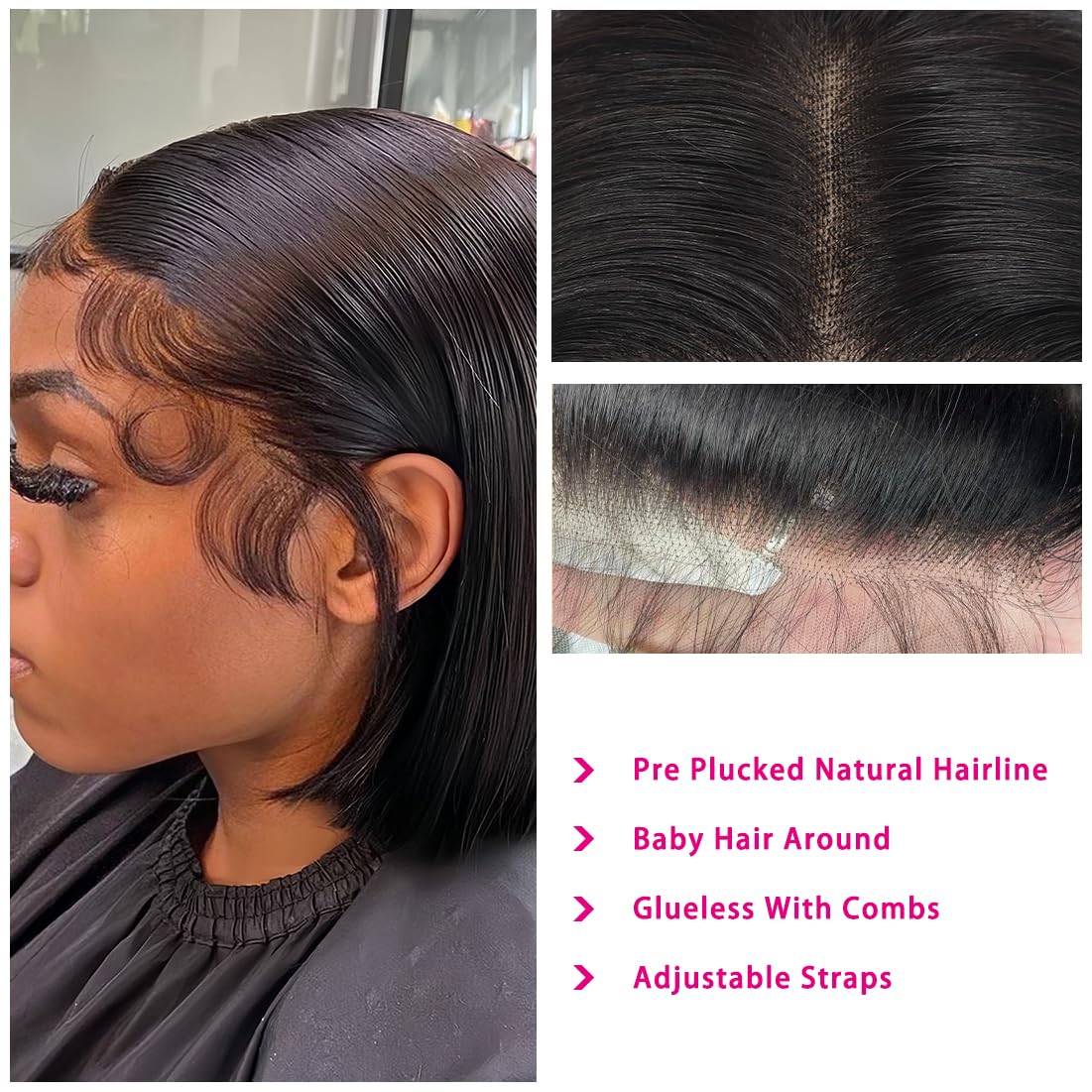 Shesbeauty bob wig pre-plucked natural-hairline close-up displays realistic hairline and baby hairs.