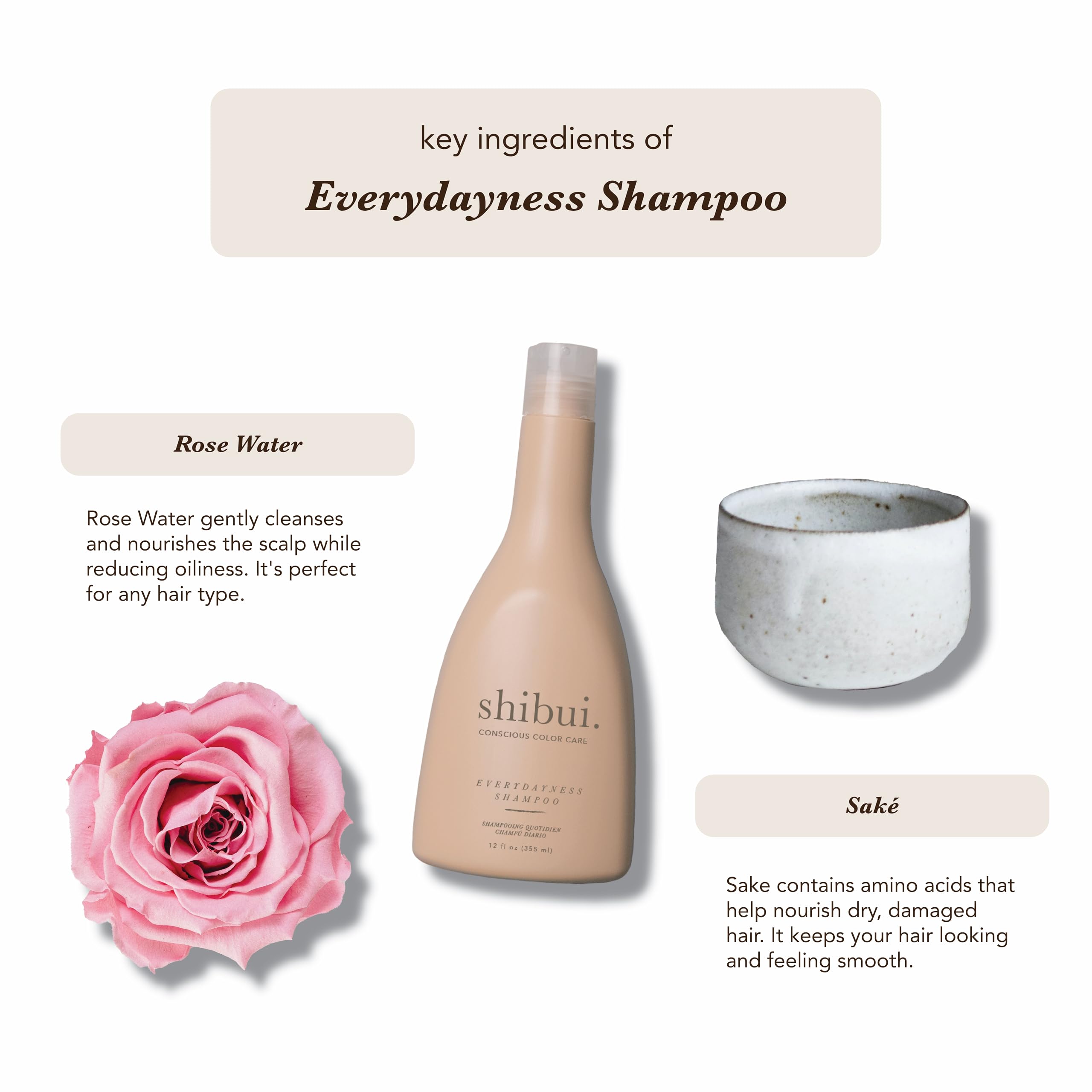 SHIBUI Everydayness Rose Water Ingredient highlights vibrancy for color-rich, healthy-looking hair.