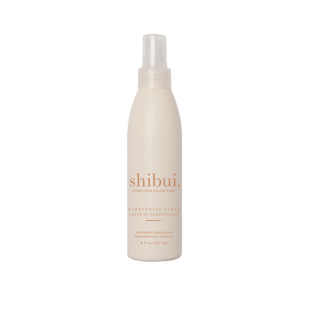 SHIBUI Everything Spray bottle front shows detangling and shine for fine hair.