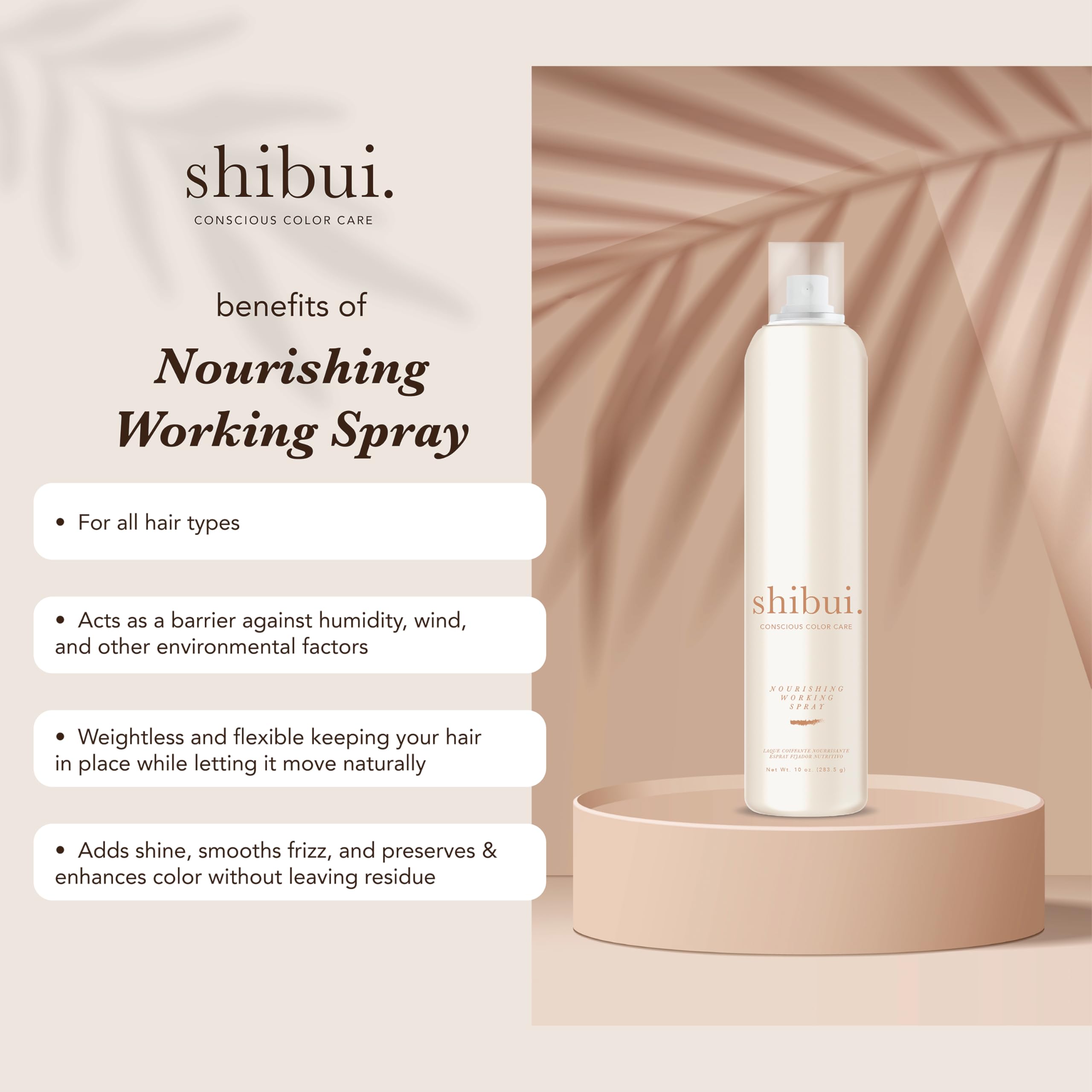 SHIBUI Nourishing Working Spray mist-on-hair evenly covers strands for lasting volume.