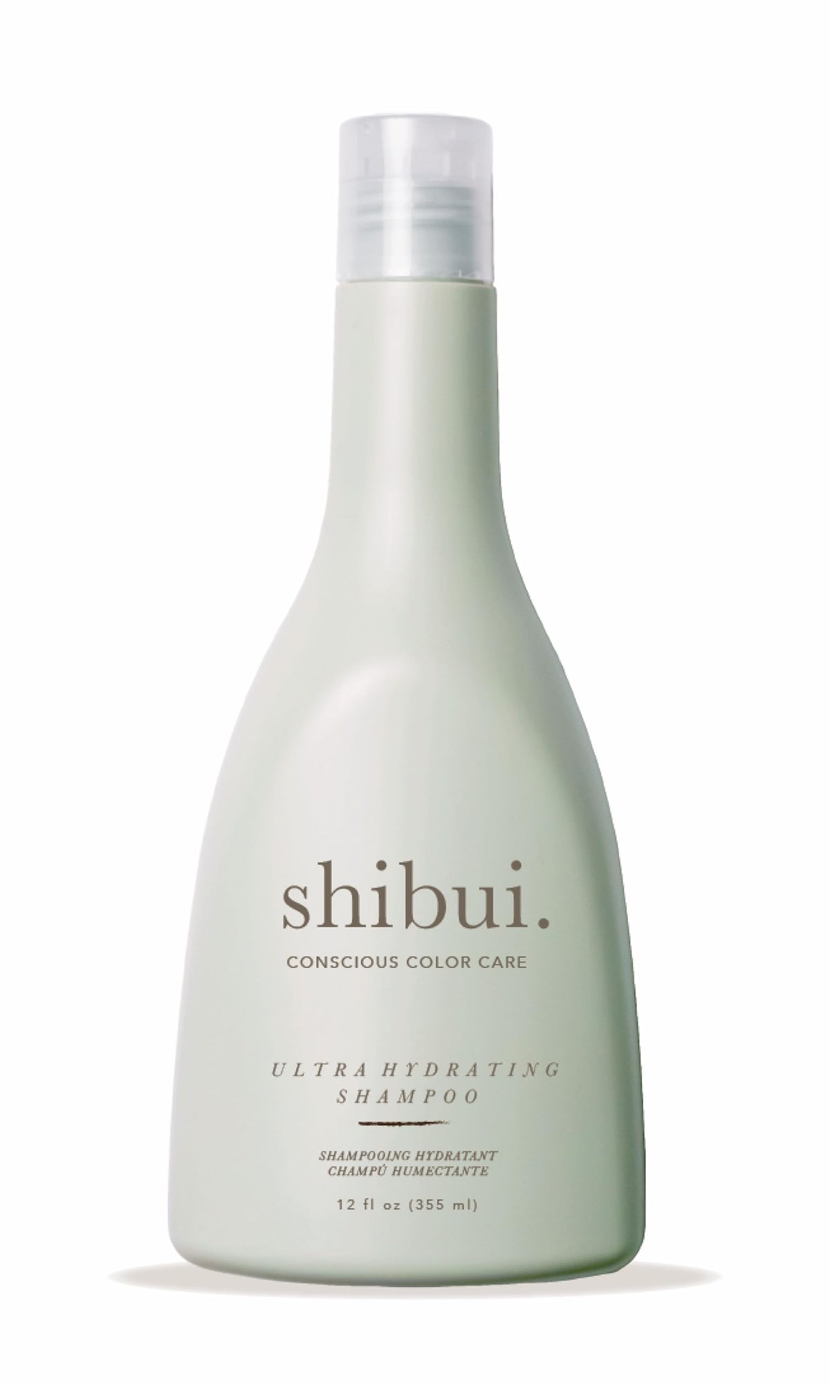 Shibui Ultra Hydrating Shampoo bottle with camellia oil highlights color protection and hydration.