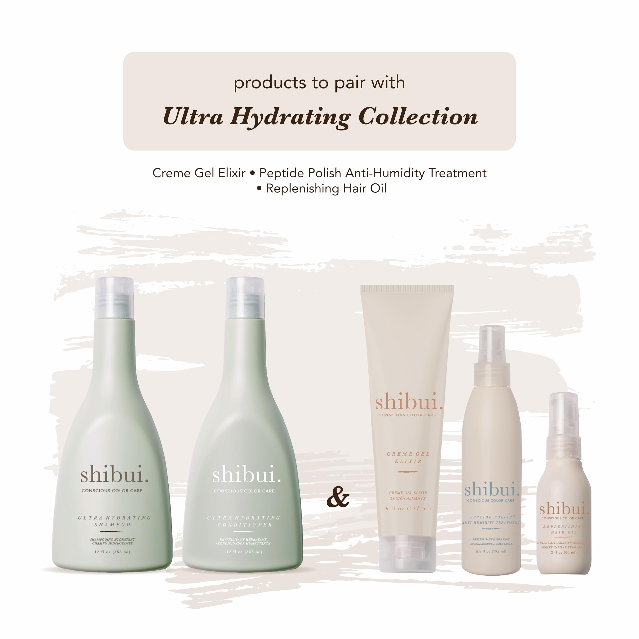 Shibui Ultra Hydrating Shampoo flatlay on sink with color-treated hair context.