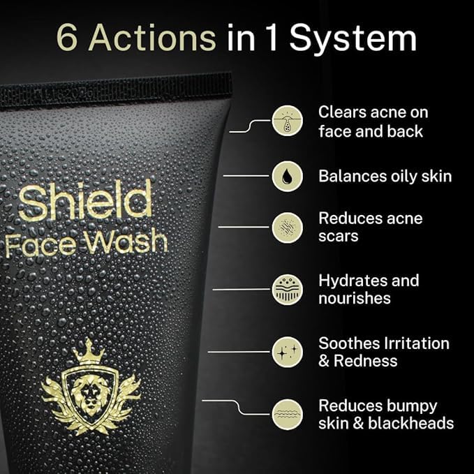 Shield face-wash-lather closeup demonstrates gentle daily cleansing