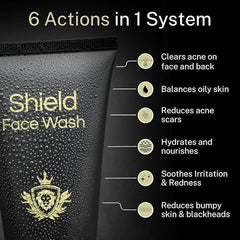 Shield face-wash-lather closeup demonstrates gentle daily cleansing